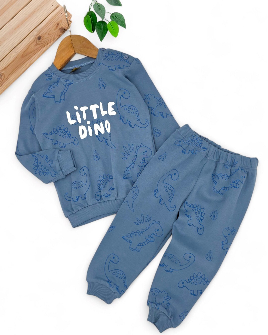 Erkek Bebek Little Dino Baskılı 6-9-12-18-24 Ay Mevsimlik, Uzun Kollu 2 İplik Bebek Takımı R2139 - MAVİ