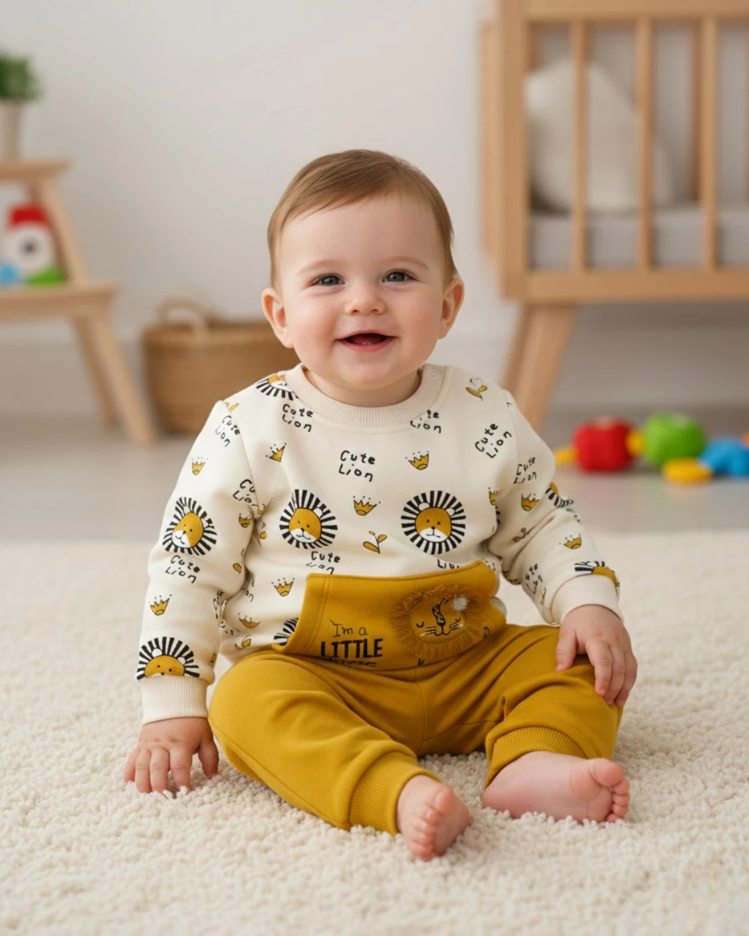 Erkek Bebek Aslan Nakışlı Kışlık 3 İp Şardonlu 6-9-12-18-24 Ay Alt Üst Bebek Takımı R2394 - SARI