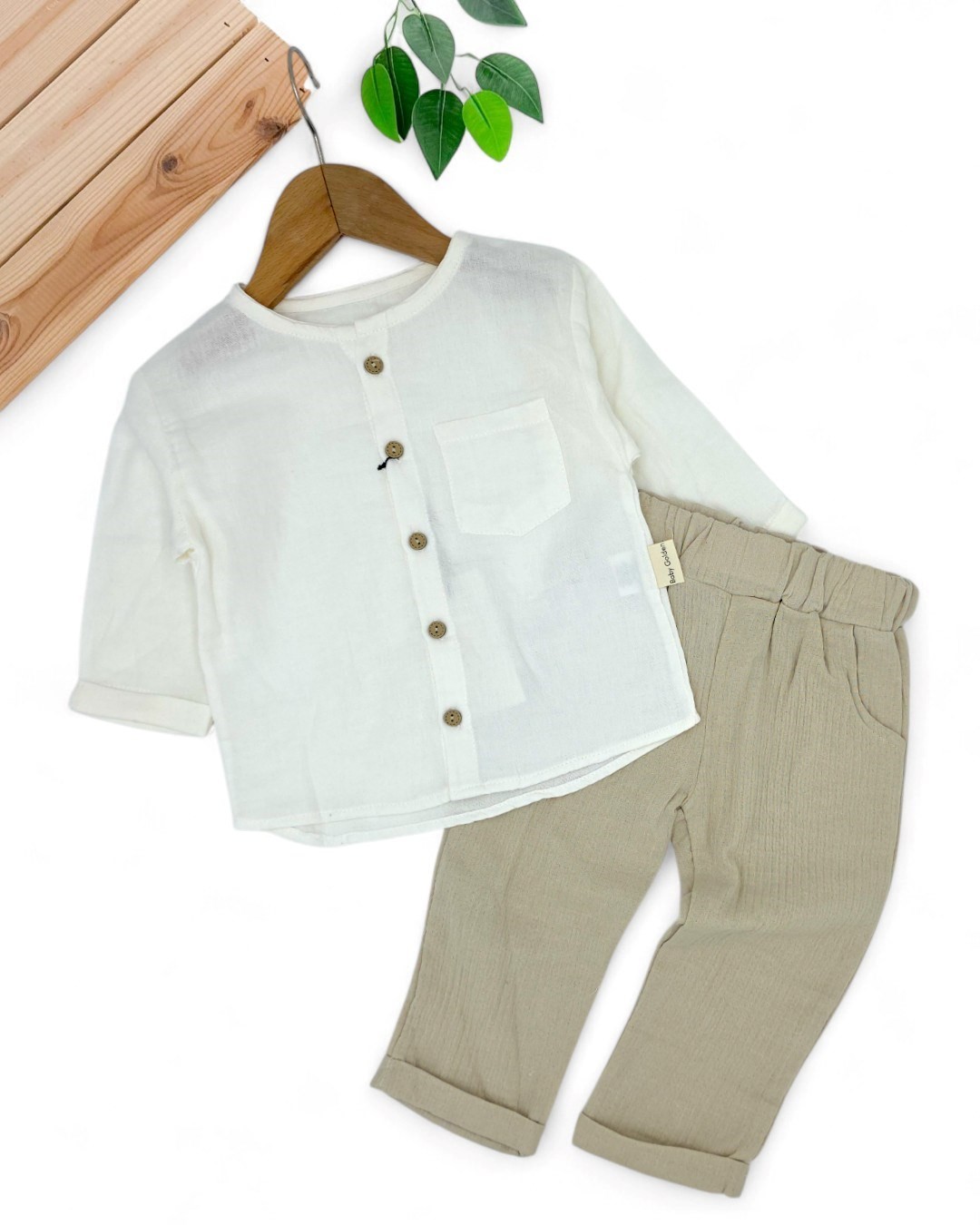 Erkek Bebek Müslin Gömlekli, Pantalonlu Şık 2-3-4-5-6 Yaş %100 Organik Pamuk Çocuk Takımı R2051 - BEJ