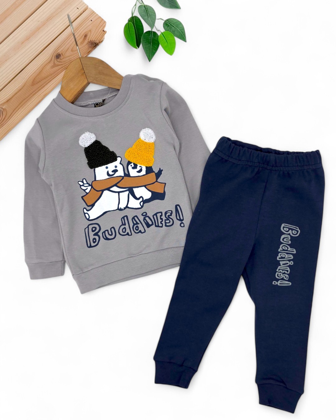 Erkek Bebek Mevsimlik Penguen Baskılı %100 Pamuk 2'li Alt Üst Erkek Bebek Takımı R962 - GRİ