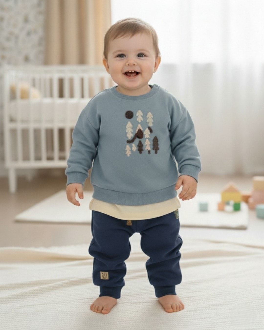 Erkek Bebek Süzene Nakışlı, Sweathirt Detaylı Cool 2'li Alt Üst Takım R2148 - MAVİ