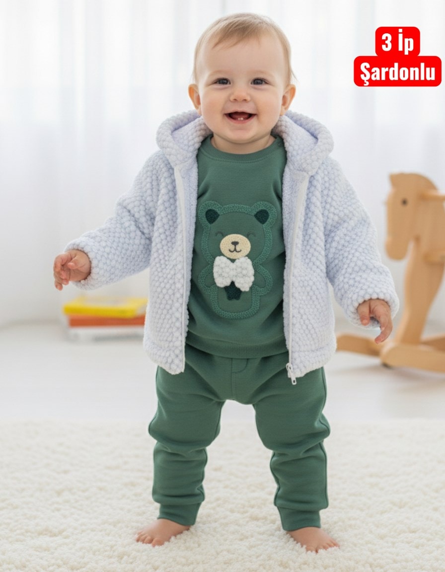 Erkek Bebek Çok Kalın Montlu Kışlık 3 İp Şordonlu 3'lü Takım, Kapüşonlu Ceketli Takım 6-9-12-18 Ay R2316 - YEŞİL