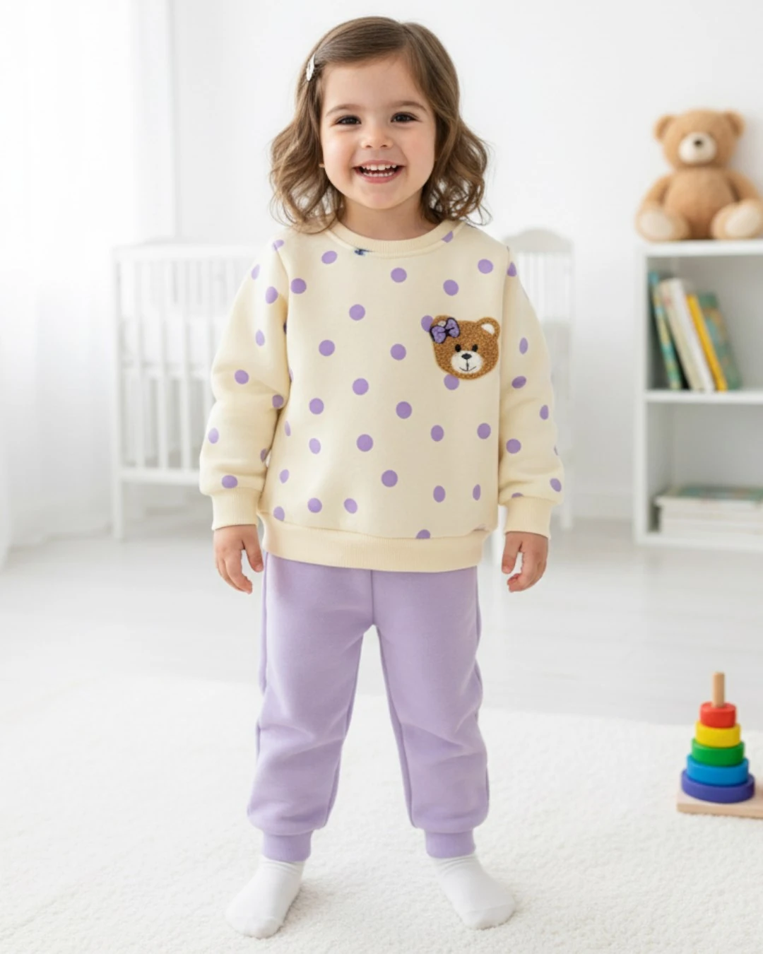 Kız Bebek Dar Kalıp Puantiyeli Kışlık 3 İp Şardonlu Ayıcık Nakışlı Şirin Alt Üst Takım R2337 - LİLA