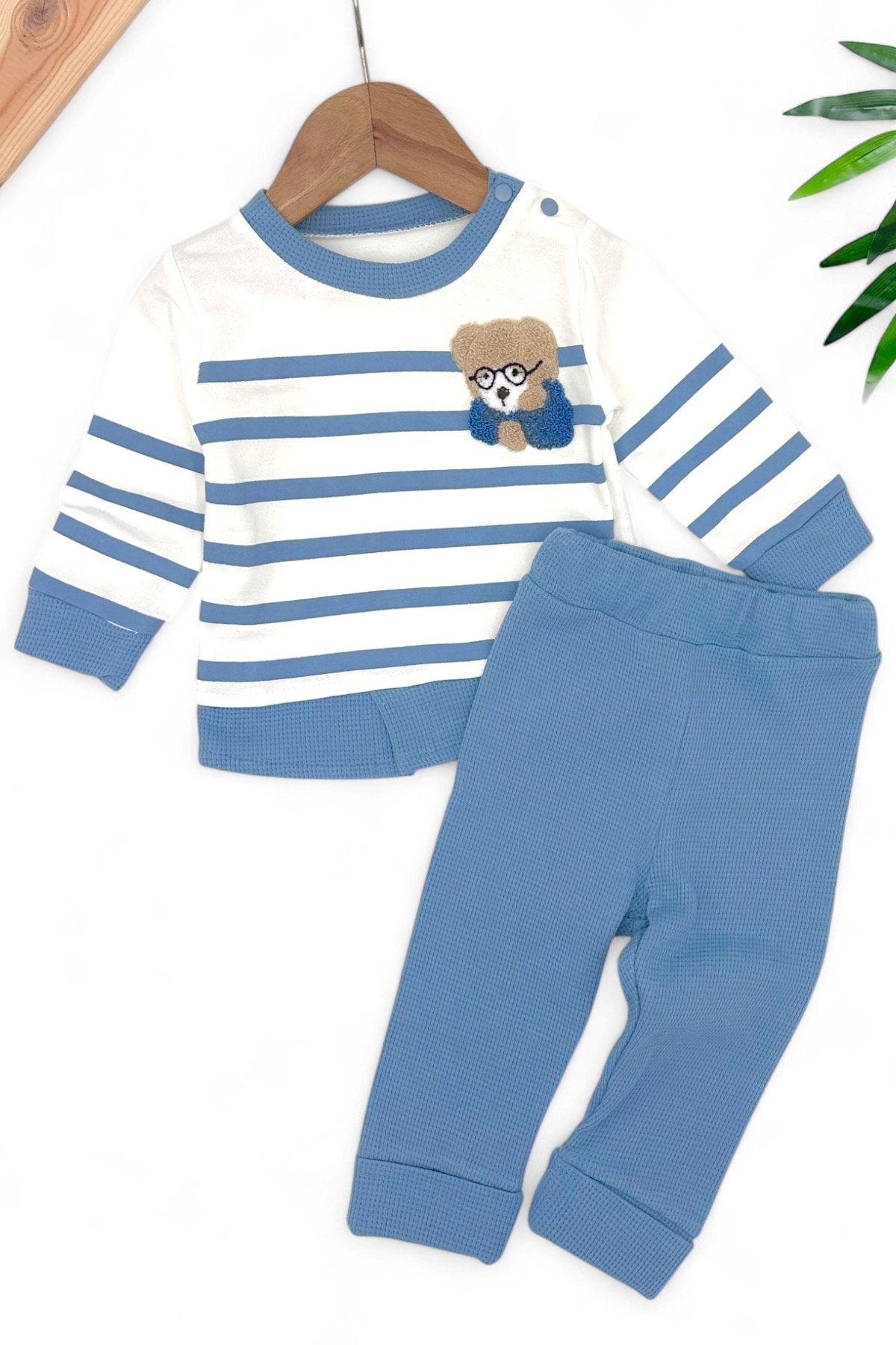 Erkek Bebek Takımı Ayıcık Nakışlı Mevsimlik Uzun Kollu Bisiklet Yaka Çizgili Sahte Gömlekli Takım R632