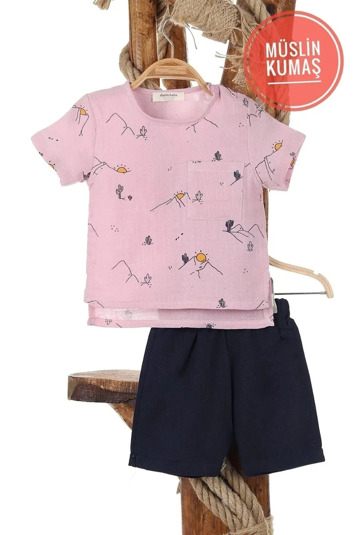 Unisex Bebek Güneş Baskılı %100 Pamuk Müslin Alt Üst Bebek Takımı R503 - PEMBE