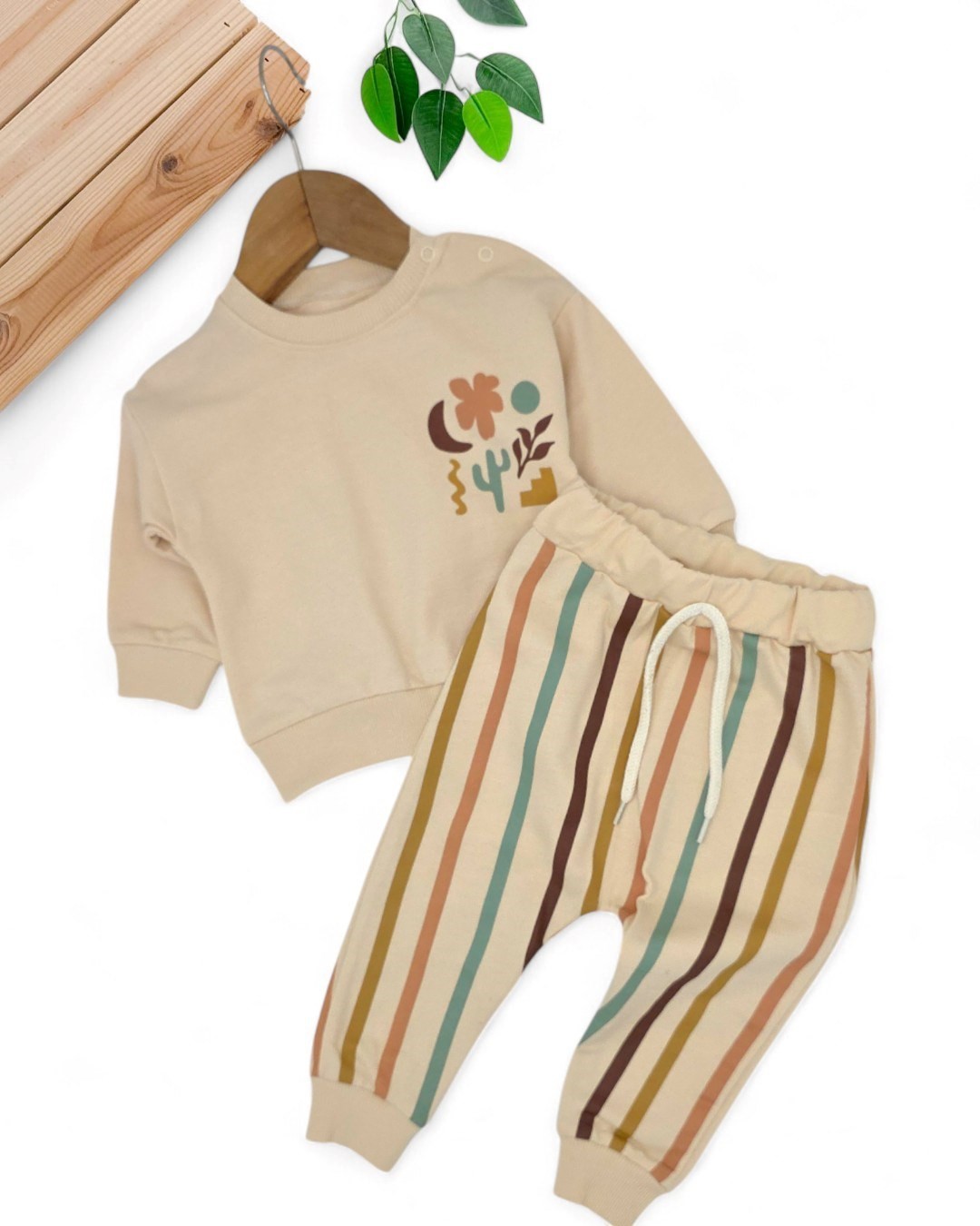 Erkek Bebek Mevsimlil Baskılı Sweatshirt, Çizgili Altlı 6-9-12-18-24 Ay 2'li Alt Üst Takım R2104 - KREM