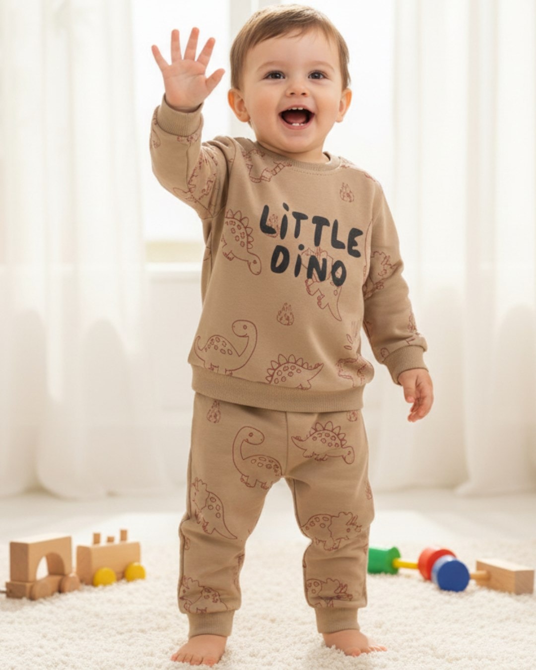 Erkek Bebek Little Dino Baskılı 6-9-12-18-24 Ay Mevsimlik, Uzun Kollu 2 İplik Bebek Takımı R2139 - KAHVERENGİ
