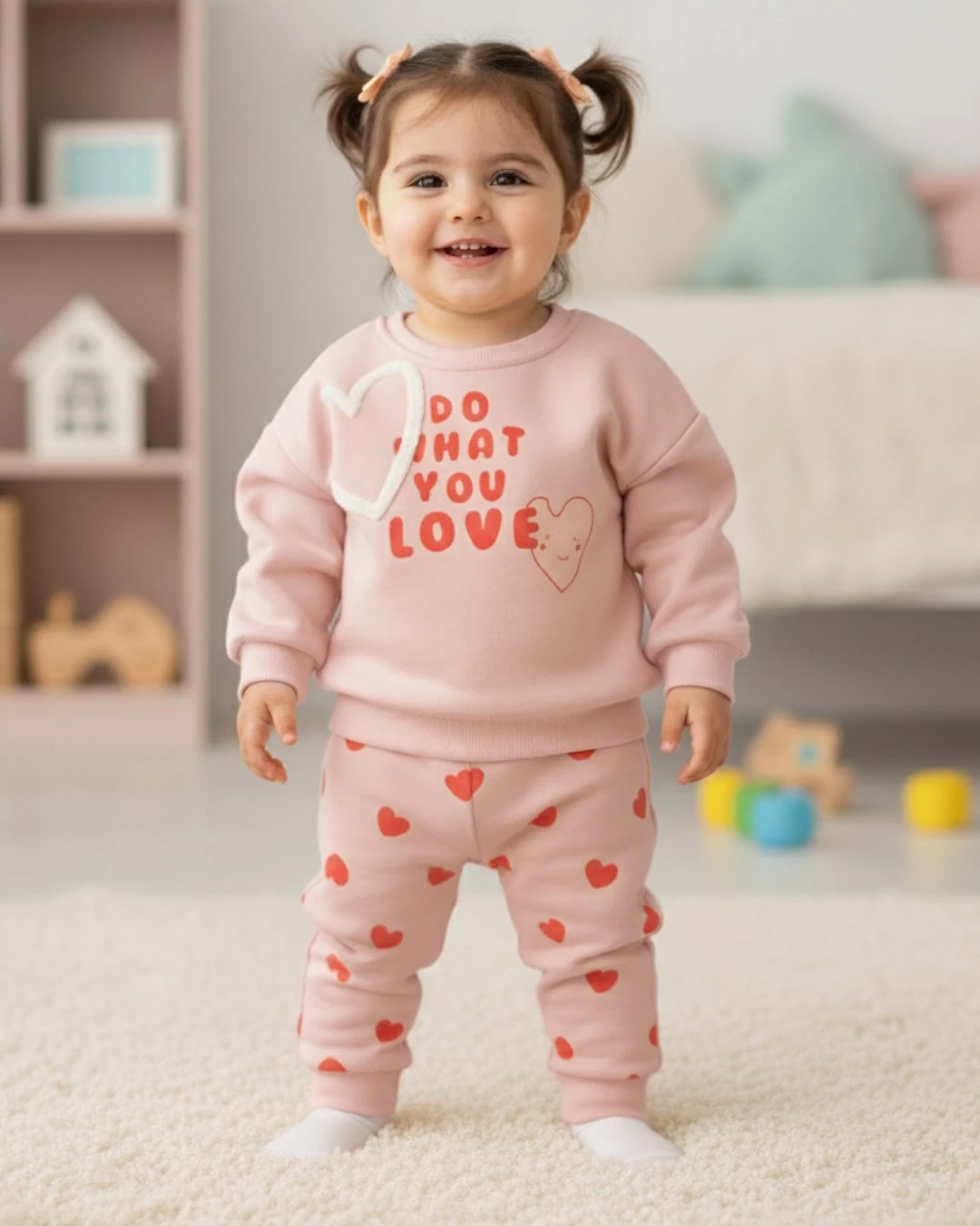 Kız Çocuk Kışlık 3 İp Şardonlu, 1-2-3-4 Yaş, Kalp Nakışlı Kalın Alt Üst Eşofman Bebek Takımı R2343 - PUDRA