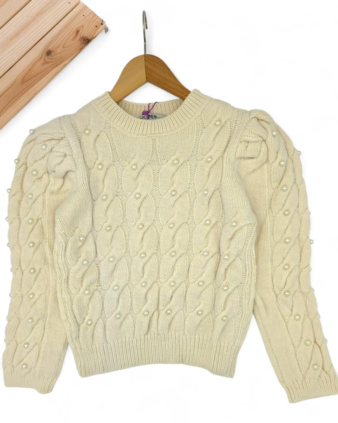 Kız Çocuk İnci İşlemeli Kalın Örme Triko Kazak 10-11-12-13-14-15 Yaş Kışlık Triko Kazak / Balon Kol R2331 