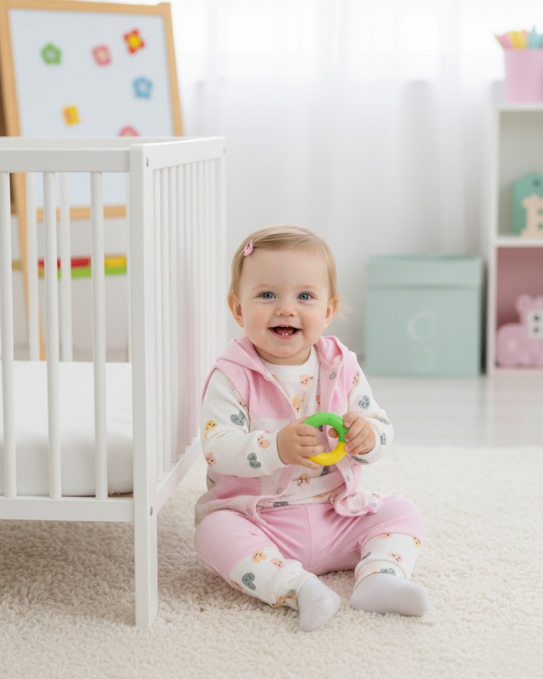 Kız Bebek Fitilli Kalp Baskılı Yelekli 3 Parça Şirin 6-12 Ay Bebek Takımı R2170 - PEMBE