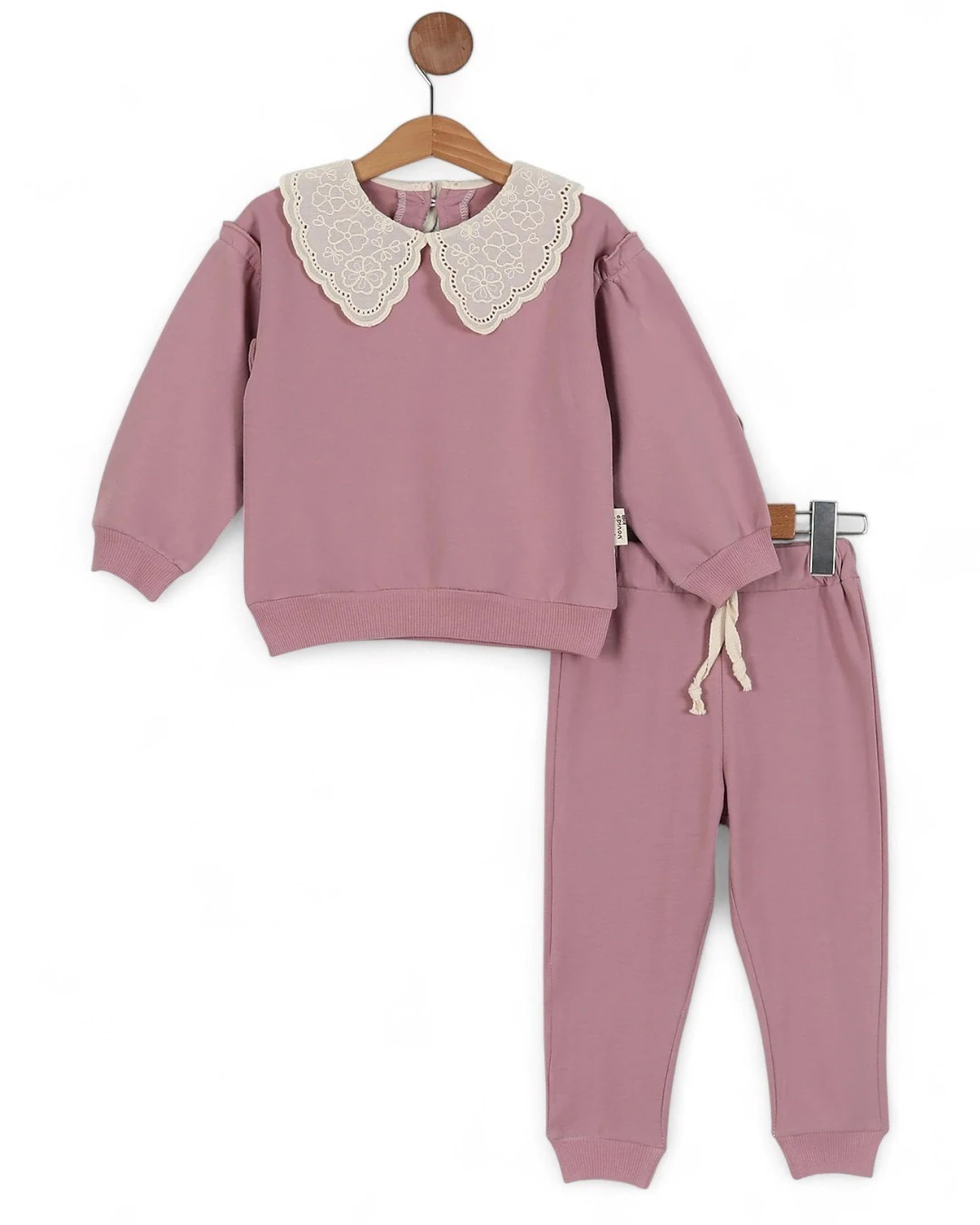Kız Çocuk Basic Mevsimlik Brode Dantel Yakalı, %100 Pamuklu Kolu Fırfırlı, Şık Eşofman Takımı  R556
