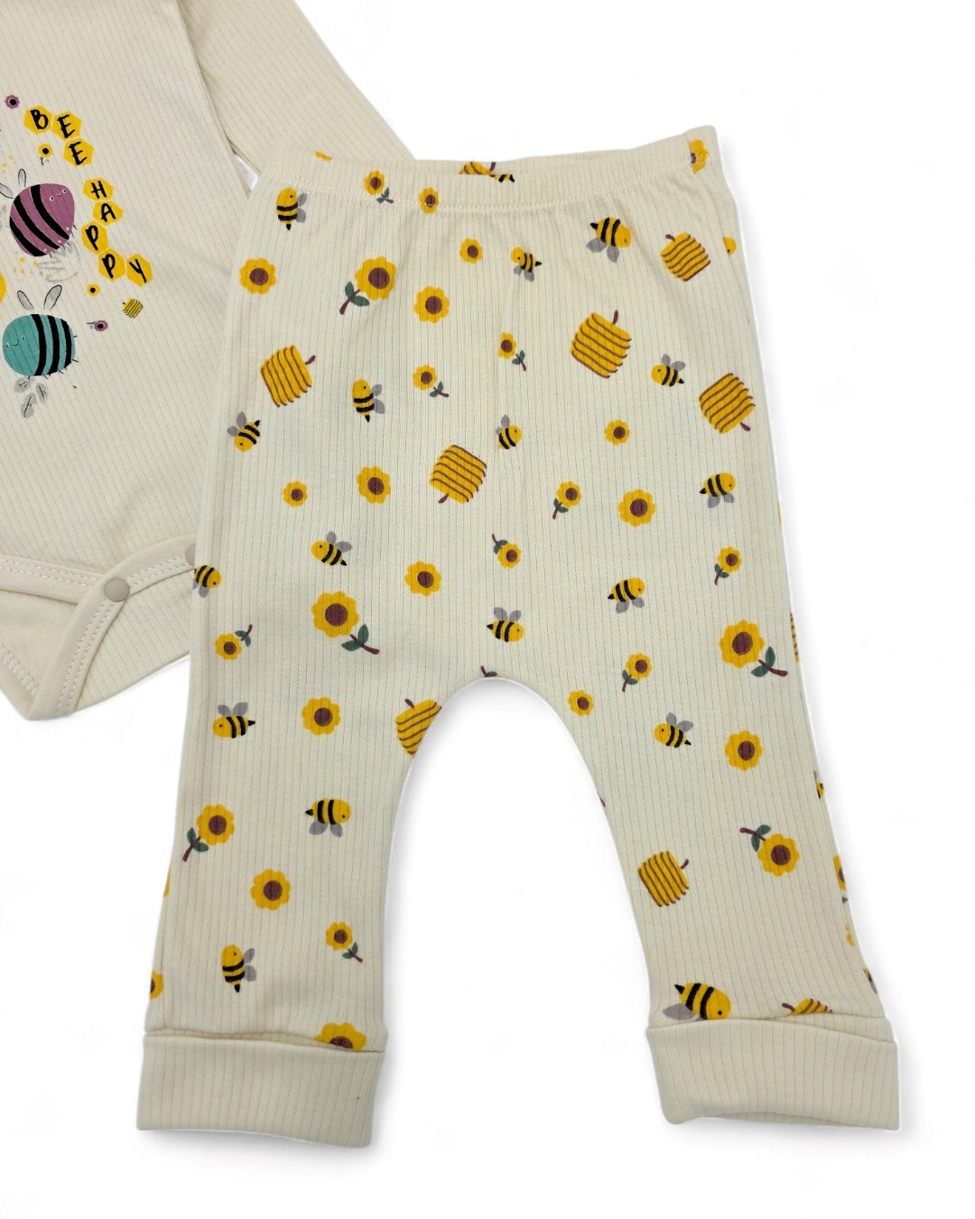 Kız Bebek Yenidoğan Arı Baskılı Fitilli Çıtçıtlı Badi ve Altlı Natural Pamuk Bebek Takımı 0-9 Ay R2152