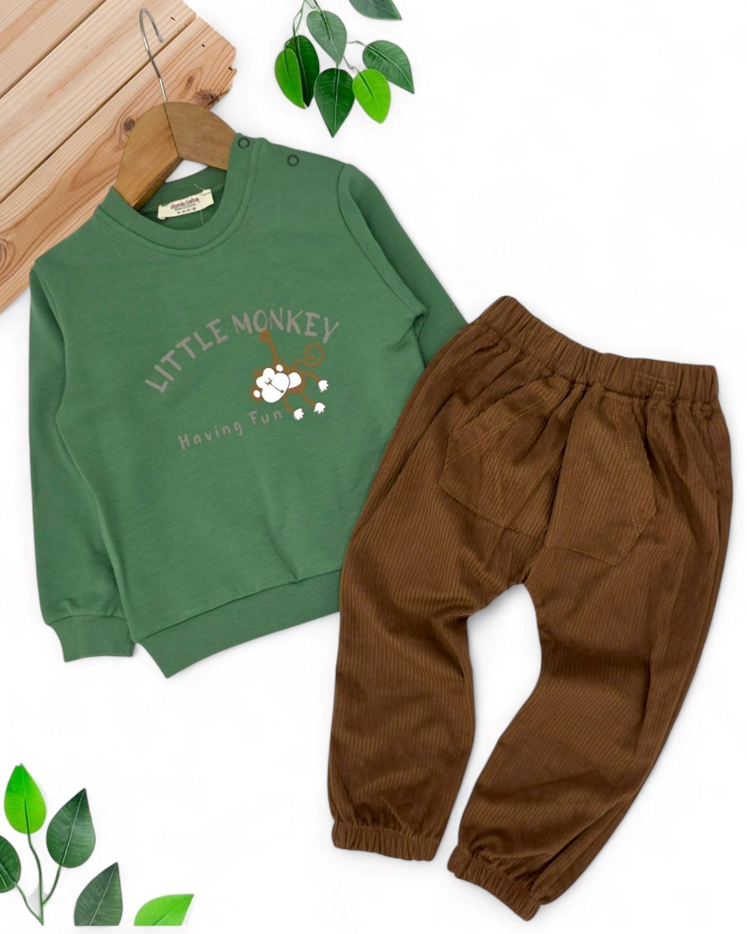 Erkek Bebek Kadife Pantalonlu, Hafif Şardonlu 2 İplik Sweathirt, 3-6-9-12-18-24 Ay 2'li Şık Takım R2135 - YEŞİL