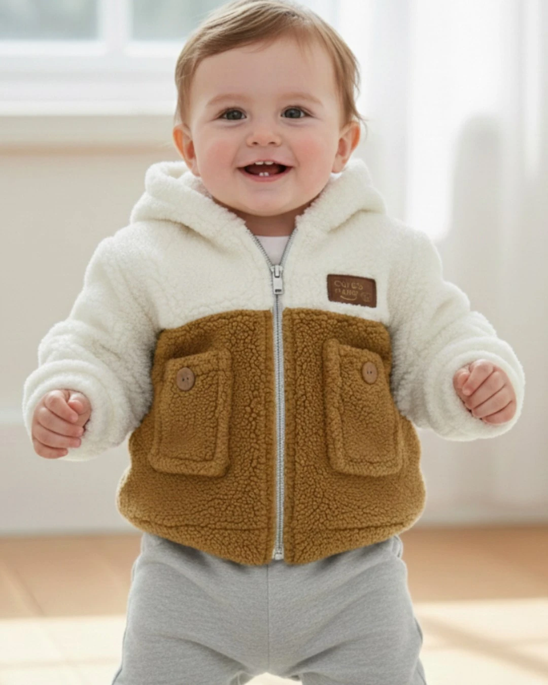 Erkek Bebek Kışlık Welsoft Kapüşonlu Hırka, 6-9-12-18 Ay Peluş Bebek Ceket, Bebek Kaban R2401 - SARI