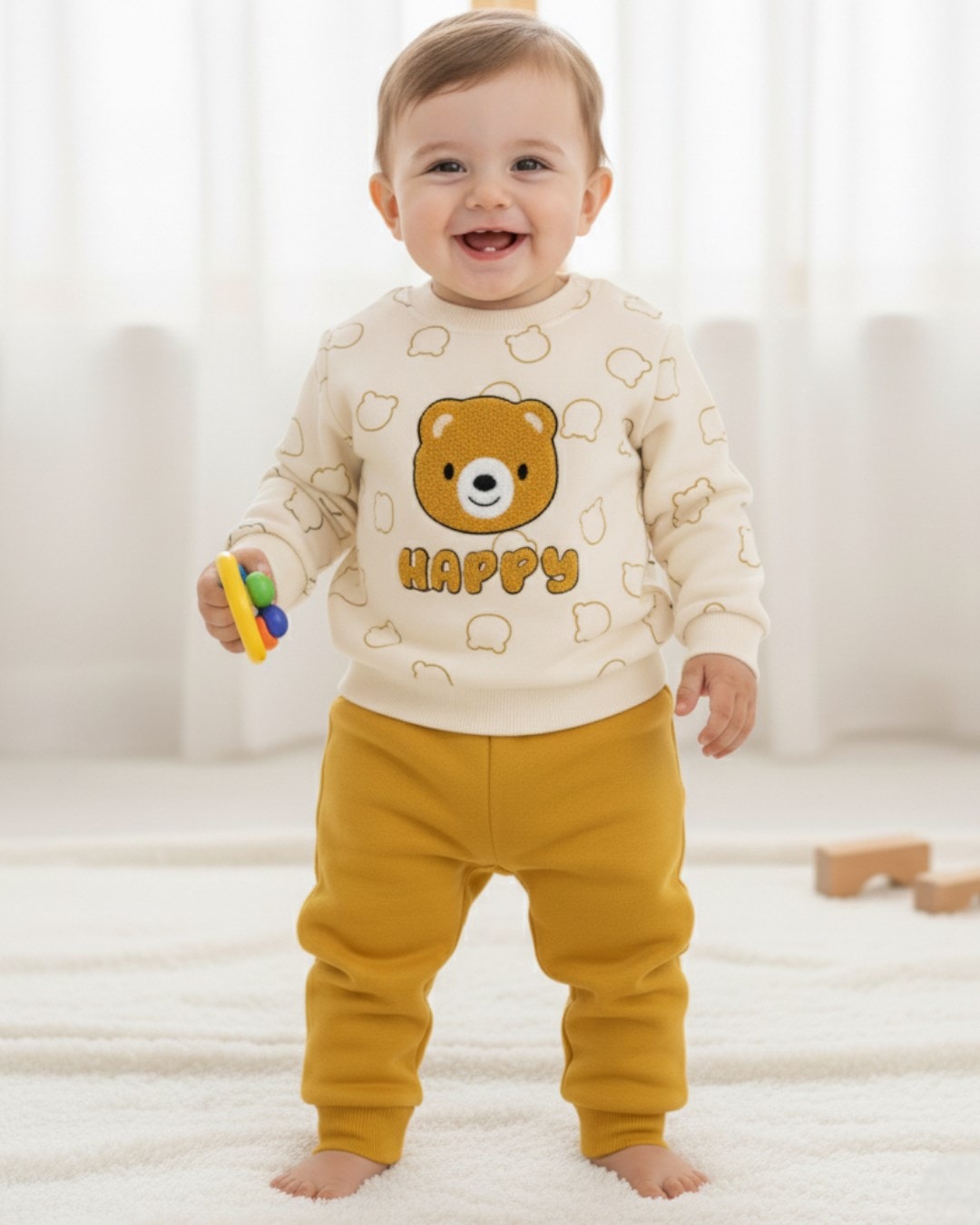 Erkek Bebek Kışlık 3 İp Şardonlu, Ayıcık Nakışlı Baskılı Şık Alt Üst Takım, 6-9-12-18-24 Ay / R2334 - SARI