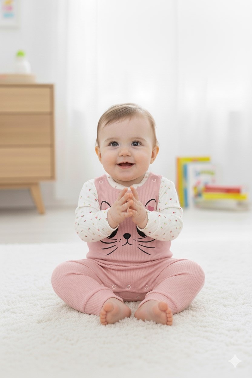 Kız Bebek Fitilli Kedi Baskılı Bahçıvan Salopet Tulum Yenidoğan 3-6-9 Ay Mevsimlik Uzun Kollu Tulum R337 - GÜL KURUSU