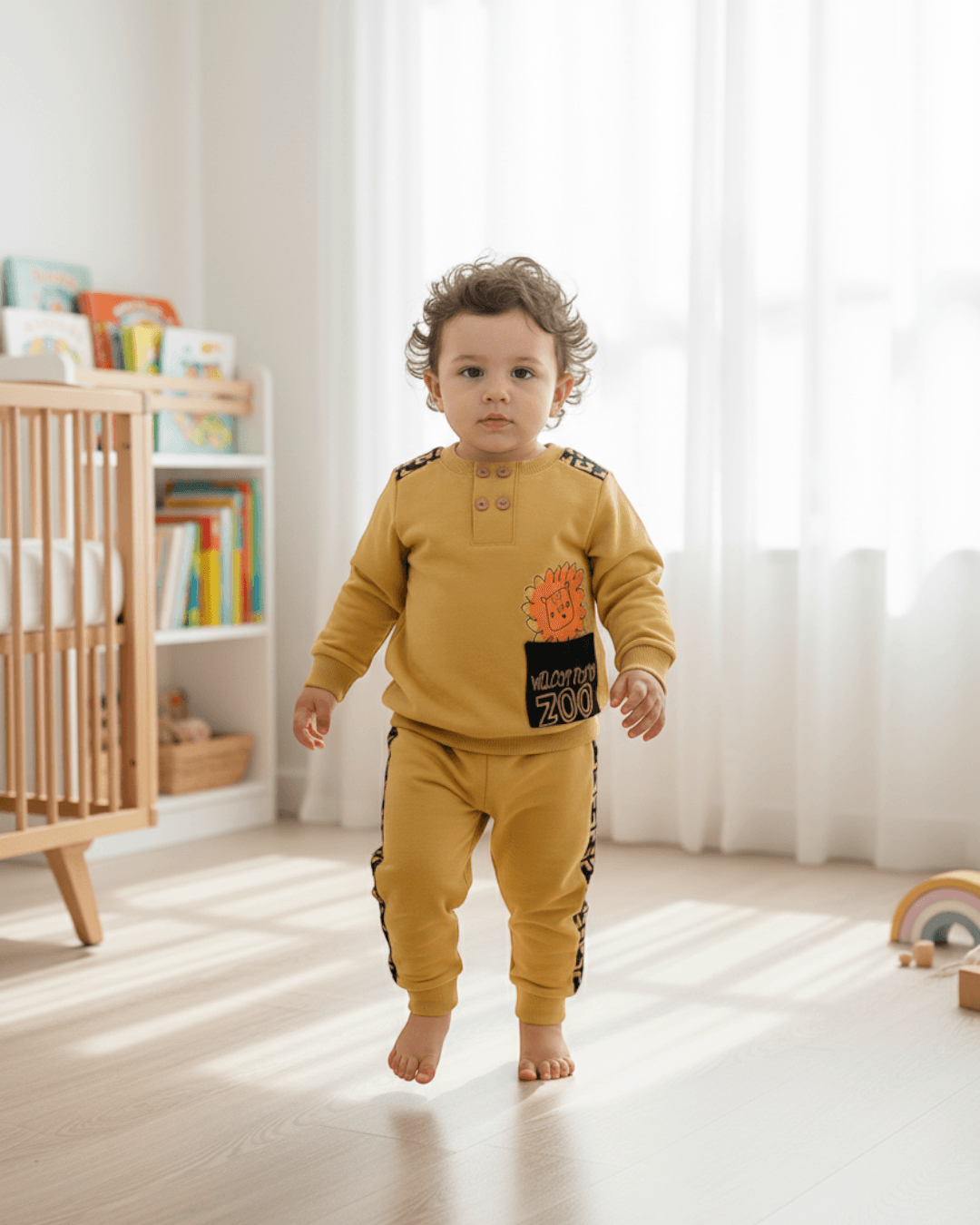 Mevsimlik Erkek Bebek Takımı 6-24 Ay, Ahşap Düğmeli , Bisiklet Yakalı, Zoo Baskılı, Uzun Kollu Takım R994 - YEŞİL