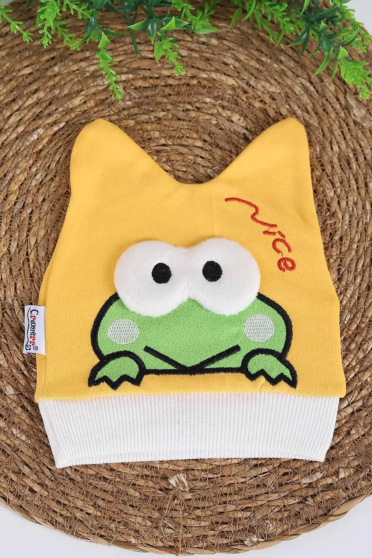 Kurbağa Nakışlı Yeni Doğan Penye Bebek Beresi BR39 - SARI