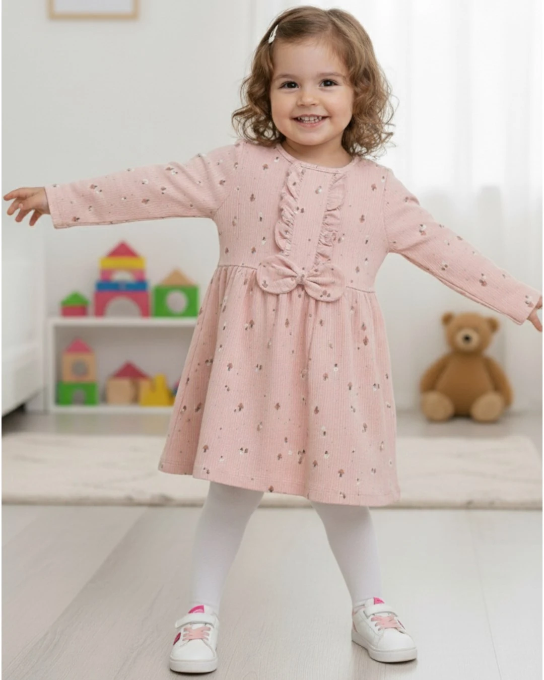 Kız Çocuk Ekru Mantar Desenli Fırfırlı Elbise, Mevsimlik 2-3-4-5-6 Yaş Elbise | Pamuklu & Rahat l R2 - PEMBE