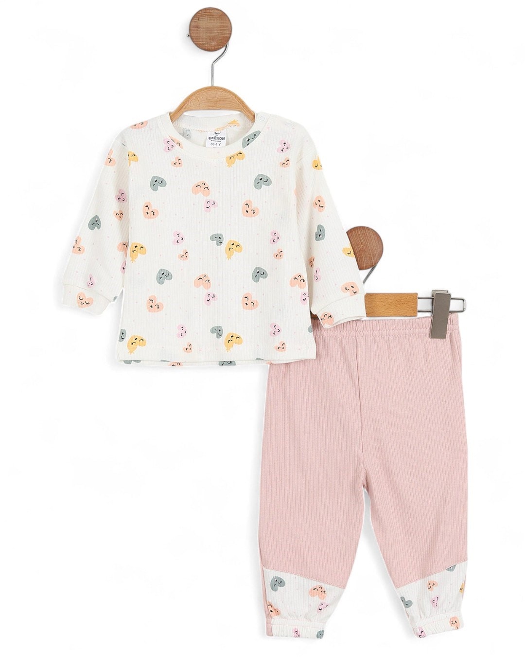 Kız Bebek Fitilli Kalp Baskılı Yelekli 3 Parça Şirin 6-12 Ay Bebek Takımı R2170