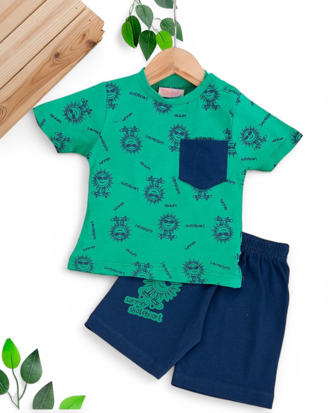 ERKEK BEBEK YAZLIK BASKILI CEP DETAYLI 6-9-12-18-24 AY ŞORTLU BEBEK TAKIMI R1691 - YEŞİL