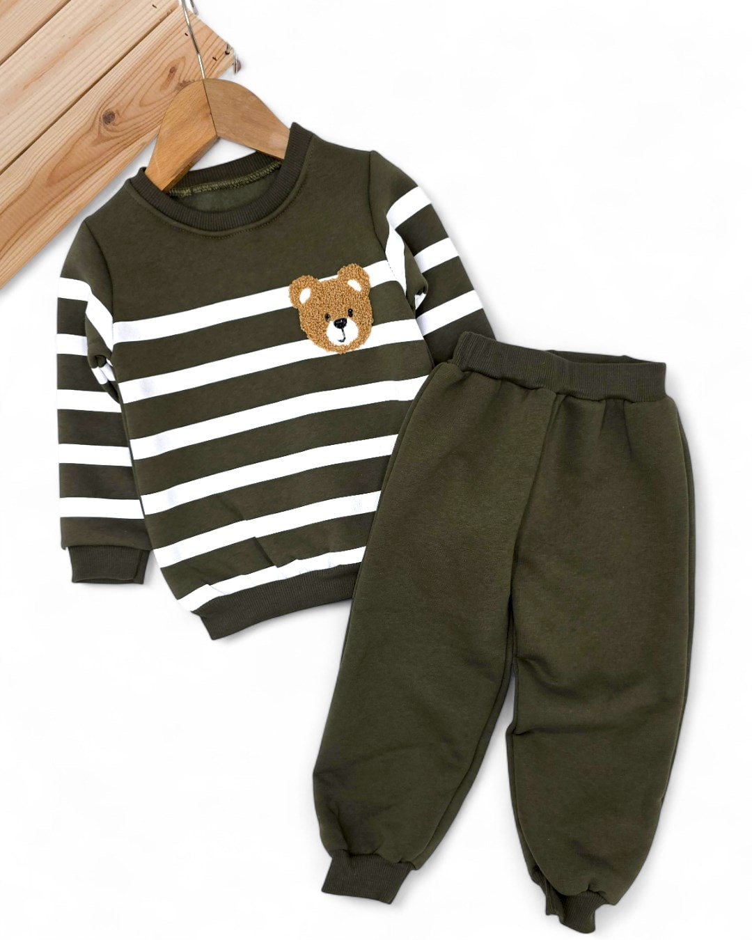 Erkek Bebek Çizgili 1-2-3 Yaş, Ayıcık Nakışlı Kışlık 3 İp Şardonlu Alt Üst Eşofman Takımı R2335