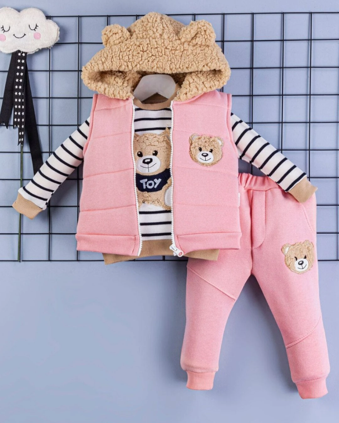 Kız Bebek 3 İp Şardonlu, Welsoft Kapüşonu Kulak Detaylı 6-9-12-18 Aylık, 2-3-4 Yaş 3 Parça Kışlık Takım R2240