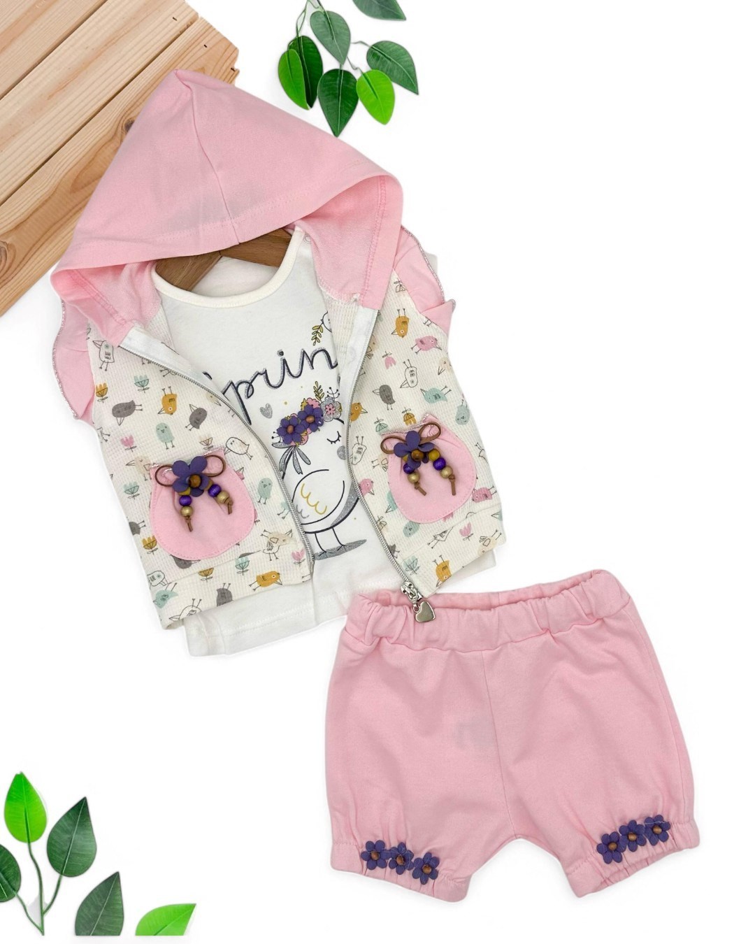 KIZ BEBEK YAZLIK KAPÜŞONLU YELEKLİ T-SHIRTLÜ ŞORTLU 3'LÜ TAKIM R1769 - PEMBE