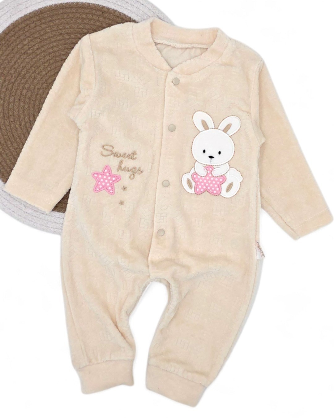 Kız Bebek Kışlık Tavşan Desenli 0-1-3-6 Ay Kadife Çıtçıtlı Tulum R2161 - BEJ