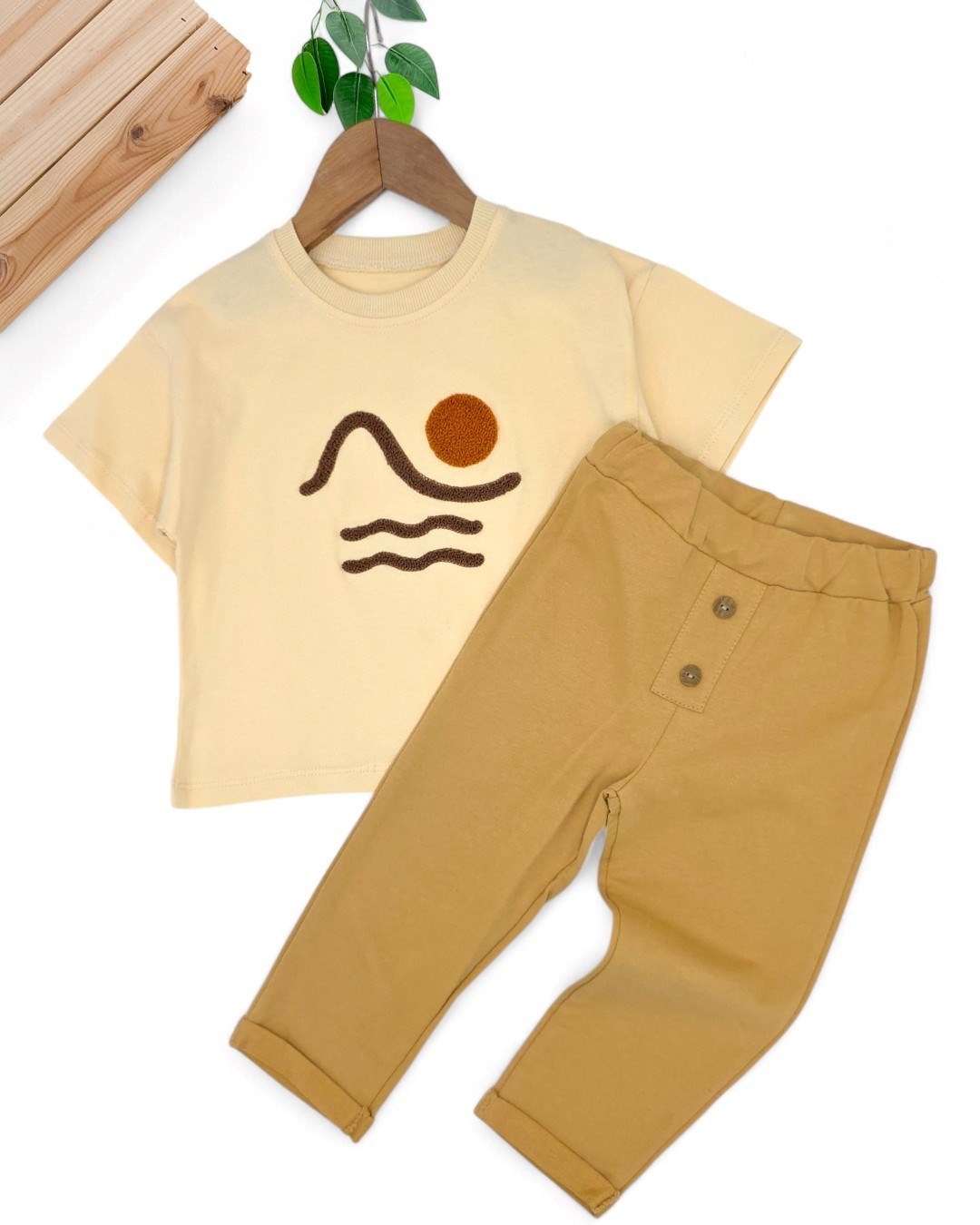 Erkek Çocuk Yazlık Nakışlı T-shirt, Eşofman Altlı 2-3-4-5-6 Yaş Şık Kreş Takımı R2114 - BEJ