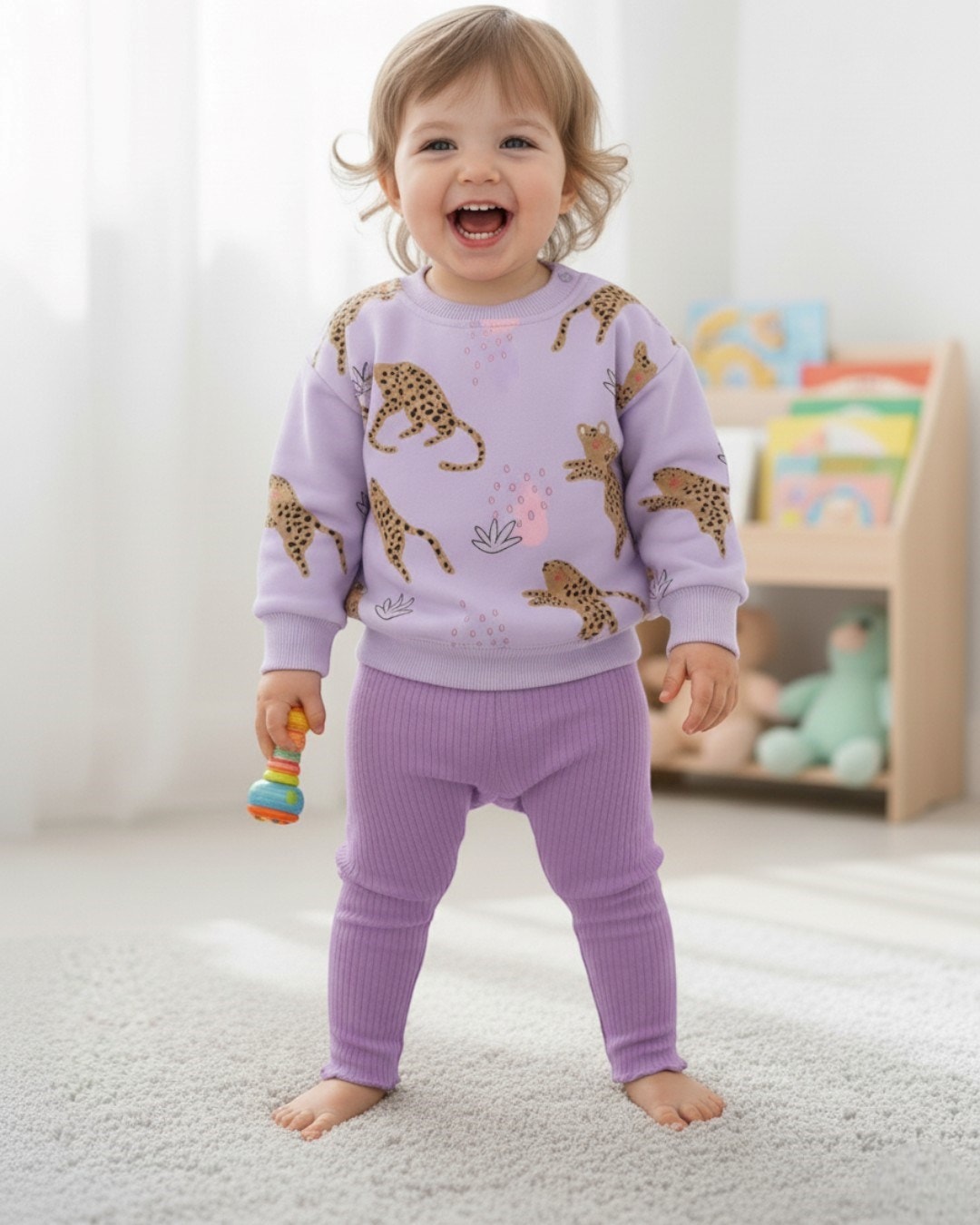 Kız Bebek 3-6-9-12-18 Ay Taytlı Leopar Baskılı Mevsimlik Alt Üst Şık Kız Takımı  R1532 - LİLA