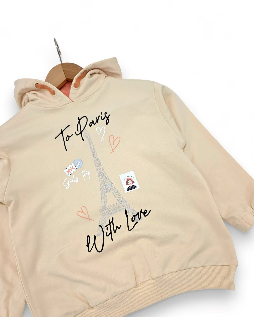 Kız Çocuk 6-7-8-9-10 Yaş Mevsimlik Kapüşonlu Paris Baskılı Alt Üst Eşofan Takım R2328