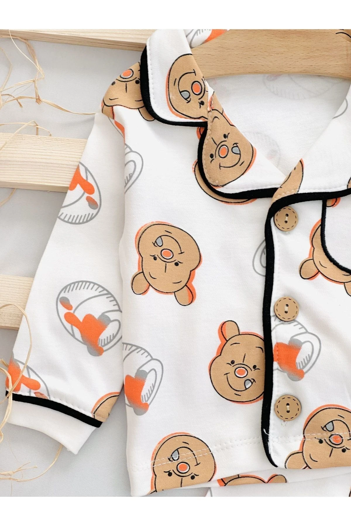 Kız ve Erkek Bebek Pooh Baskılı %100 Pamuklu Alt Üst Gecelik Takımı, 6-9-12-18-24 Ay Pijama Takımı R327