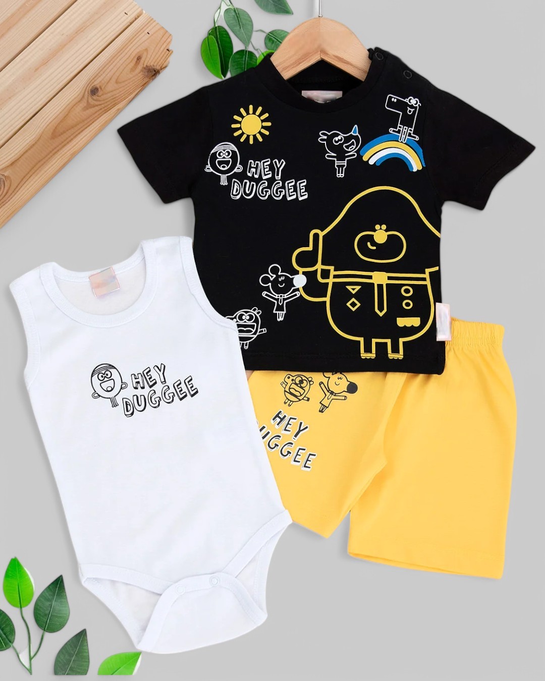 ERKEK BEBEK 3 PARÇA YAZLIK ÇITÇITLI BODYLİ BASKILI İNTERLOK 6-9-12-18-24 AY BEBEK TAKIMI R1689 - SİYAH