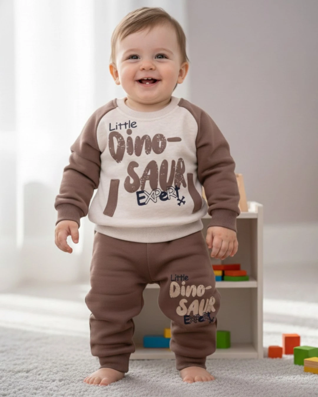 Erkek Bebek Dinozor Baskılı Kışlık 3 İp Şardonlu Alt Üst Eşofman Takımı, Kışlık Bebek Takımı R2390 - BEJ