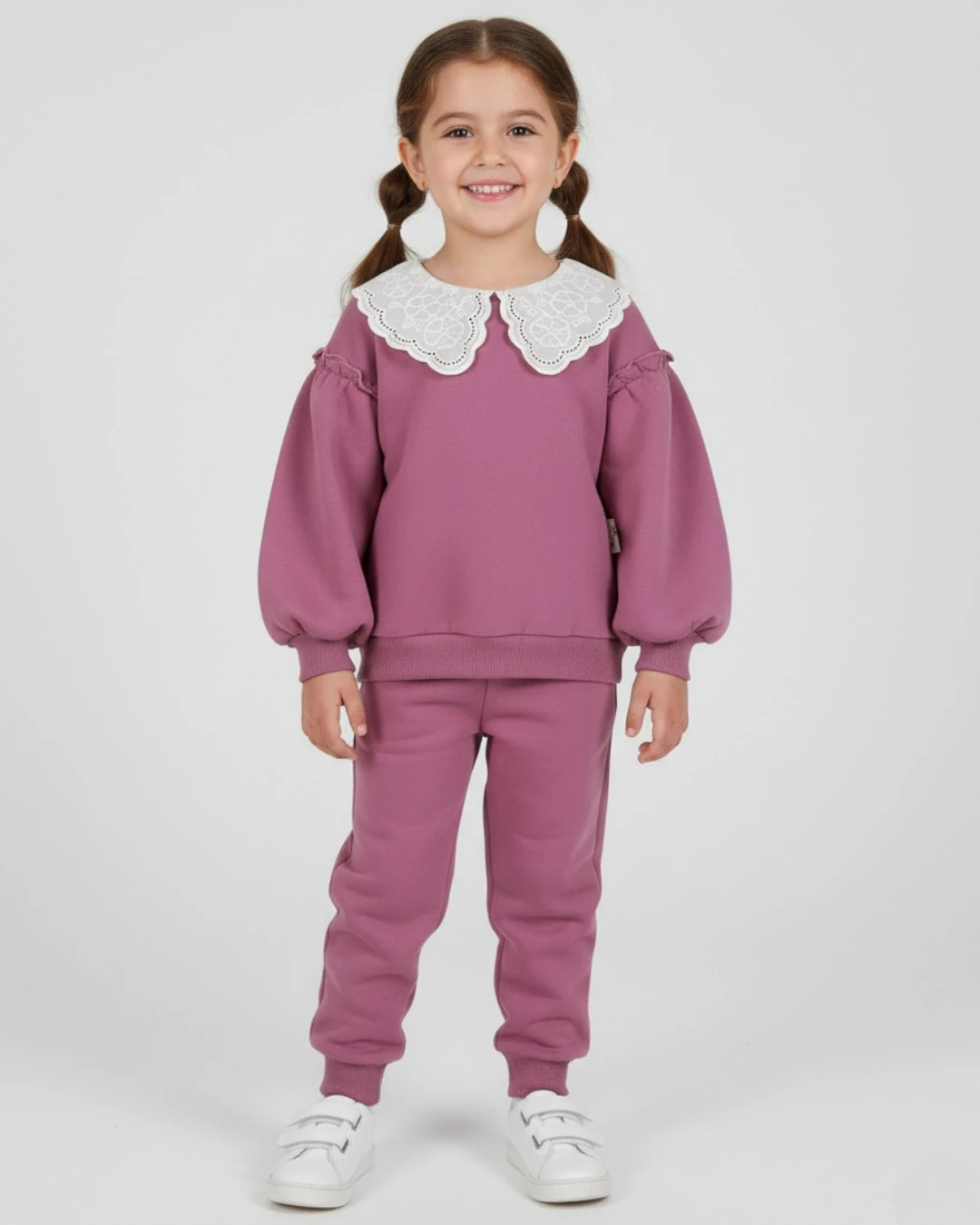 Kız Çocuk Basic Mevsimlik Brode Dantel Yakalı, %100 Pamuklu Kolu Fırfırlı, Şık Eşofman Takımı  R556 - MÜRDÜM
