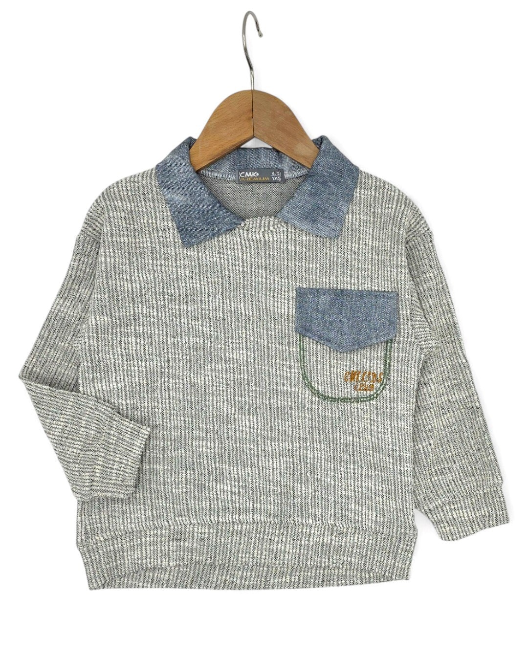 Erkek Çocuk Gömlek Yakalı, Cep Detaylı Sweatshirt ve Pantalonlu Şık 2'li Takım 4-11 Yaş R2264