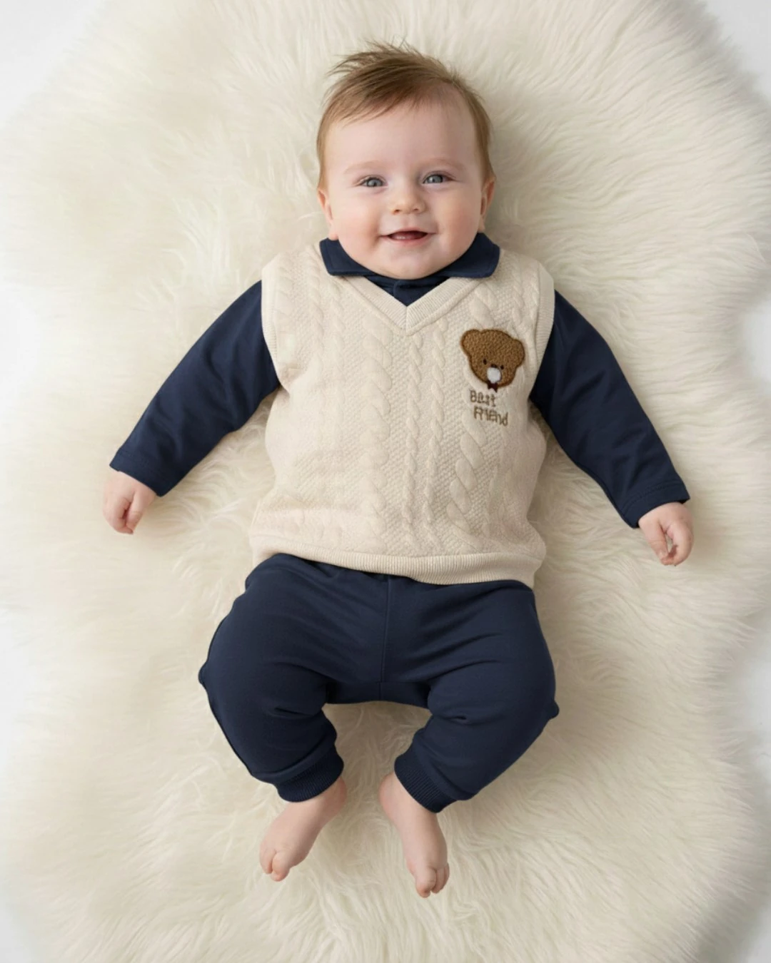 Erkek Bebek Kapitone Süveter Görünümlü Yakalı, 3-6-9-12 Aylık Mevsimlik Bebek Takımı R2400 - LACİVERT
