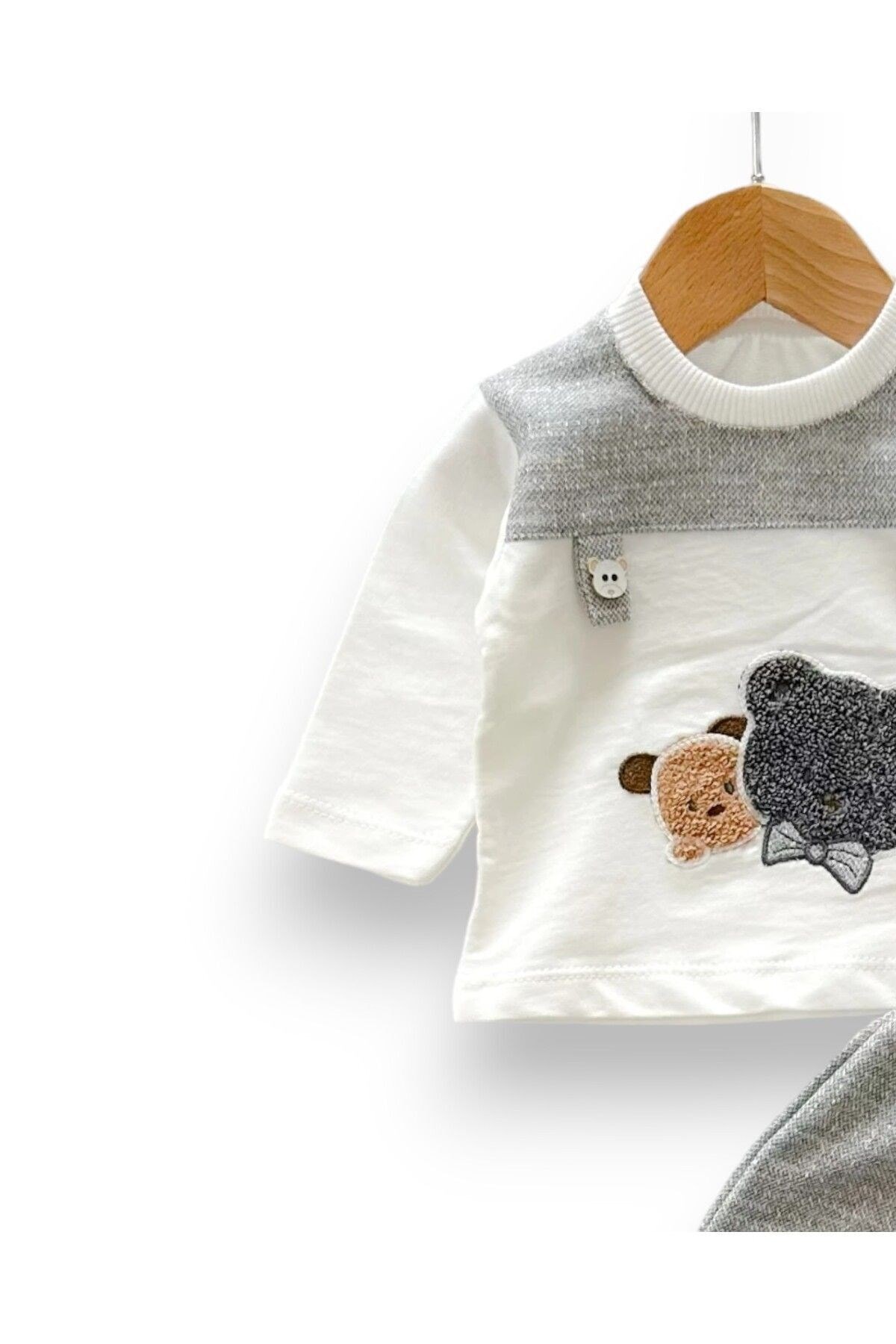 Erkek Bebek Mevsimlik Takımı, Ayıcık Nakışlı Uzun Kollu Bisiklet Yaka, Düğmeli Yakası Çıtçıtlı R1019