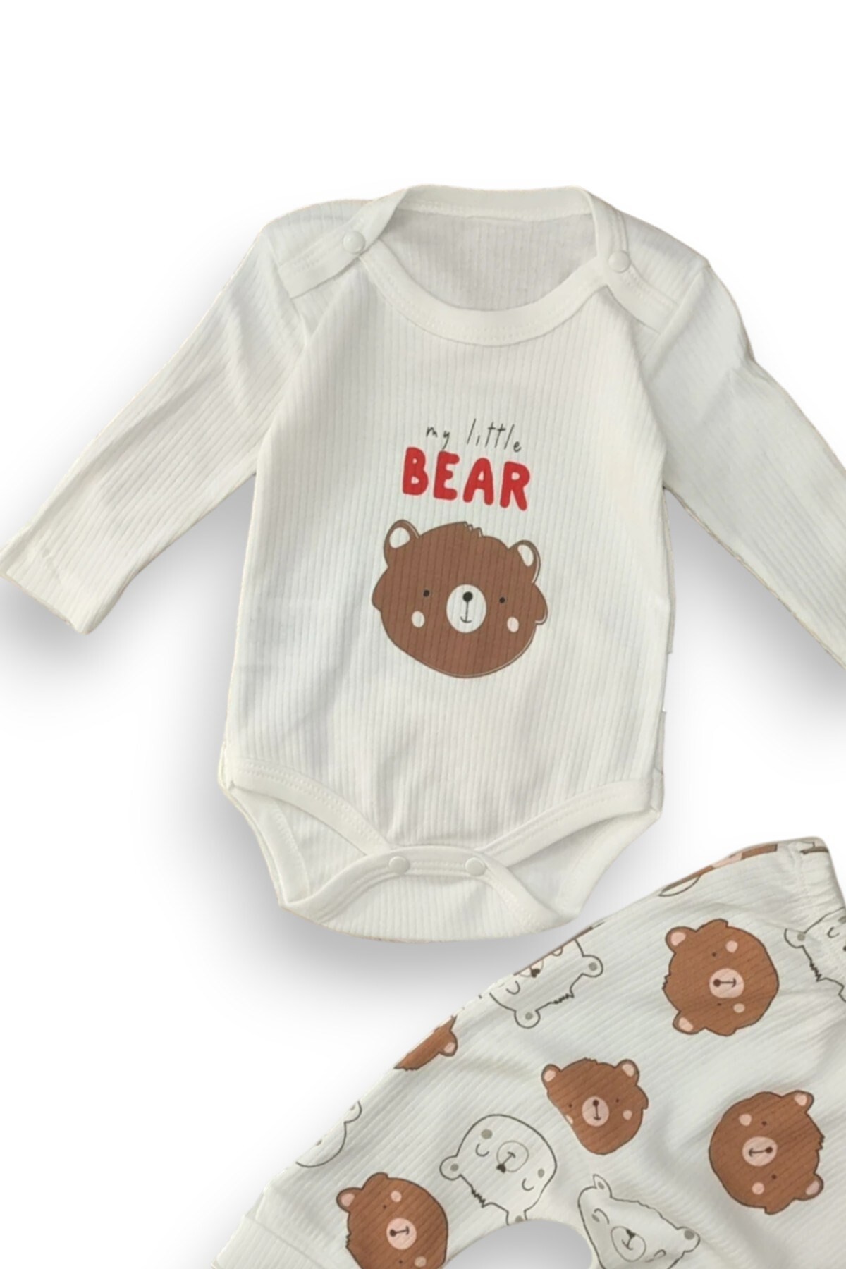 ERKEK BEBEK YENİDOĞAN AYI DESENLİ FİTİLLİ ÇITÇITLI BADİ VE ALTLI NATURAL PAMUK BEBEK TAKIMI 0-9 AY R826