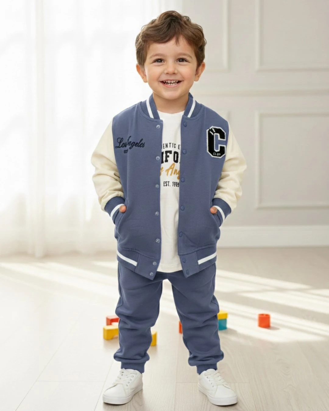 Erkek Çocuk Mevsimlik C Nakışlı Kolej Ceketli, Pantalonlu Sweatshirtlü 3'lü Şık Alt Üst Takım R2384 - MAVİ