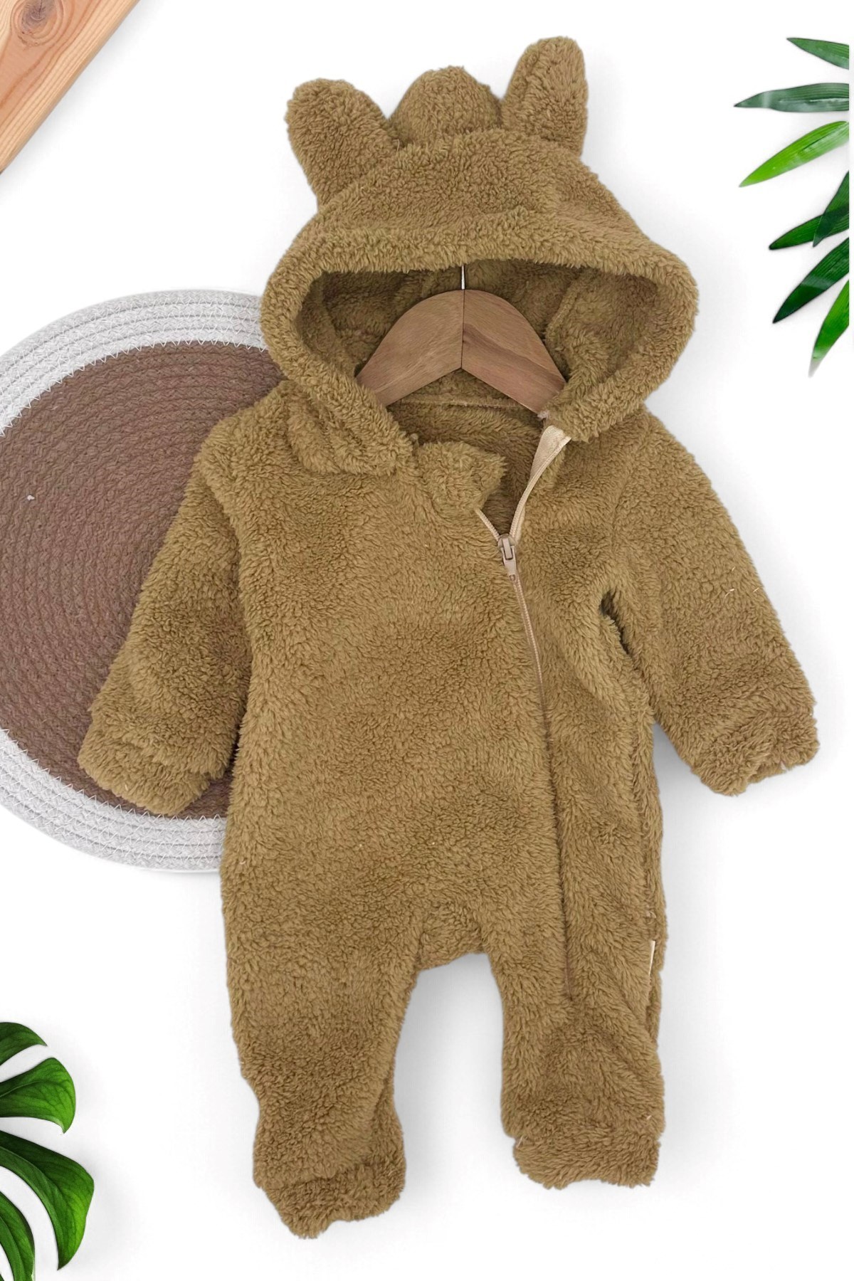 ERKEK  BEBEK KIŞLIK FERMUARLI KULAK DETAYLI WELSOFT TULUM 3-6-9-12 AY R1334 - KAHVE