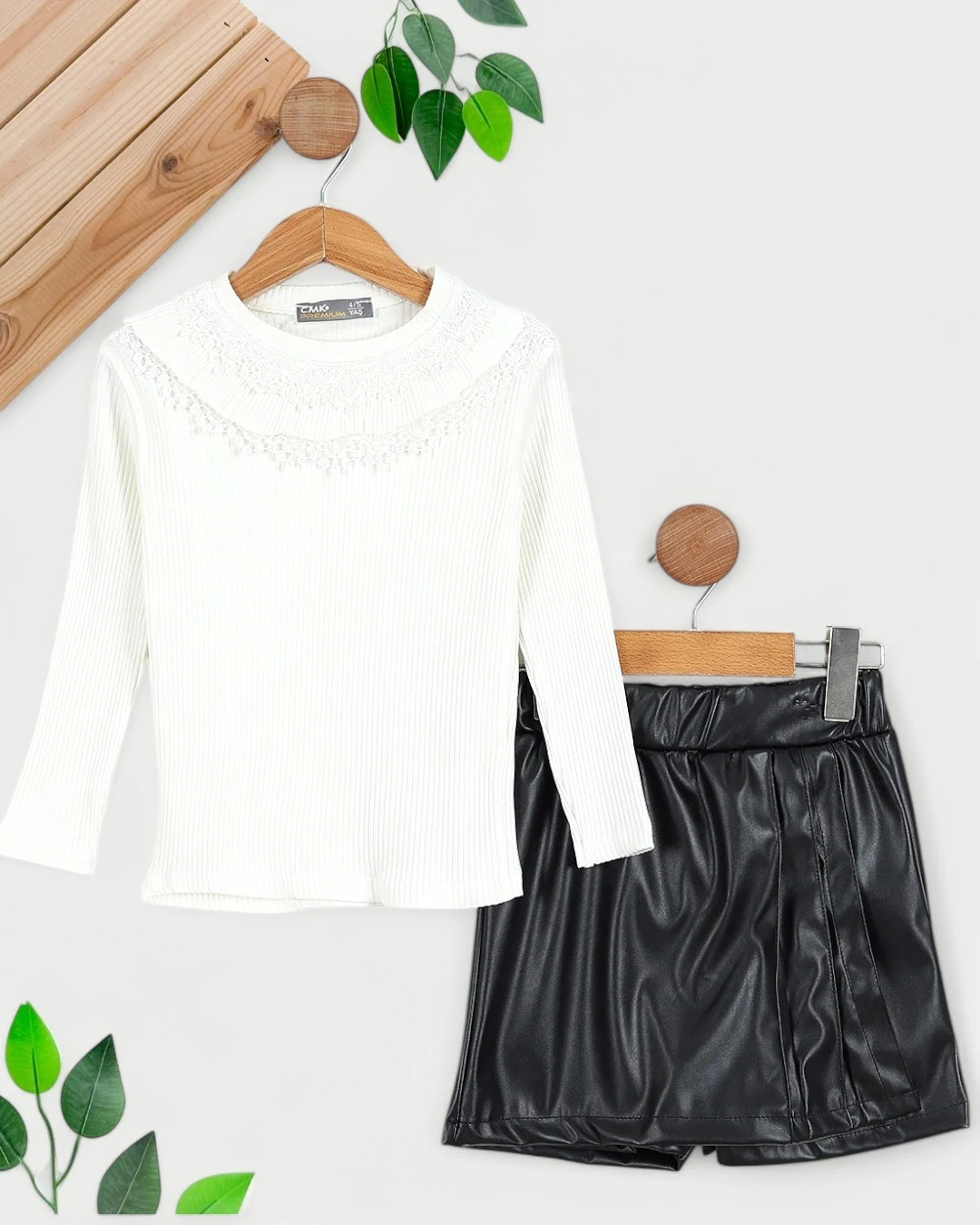 DAR KALIP ! KIZ ÇOCUK DERİ ŞORT ETEKLİ MEVSİMLİK BADİLİ 2'Lİ ŞIK TAKIM 4-11 YAŞ BAYRAMLIK R1591 - SİYAH