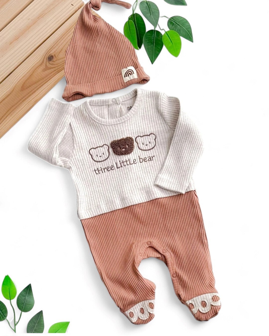 Erkek Bebek 0-3 / 3-6 Ay Mevsimlik Ayı Baskılı Şapkalı Esnek Tulum Seti R2023