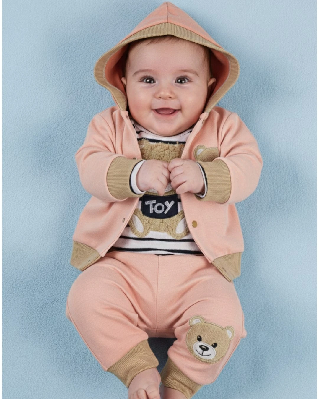 Kız Bebek Ayı Nakışlı Peluş Kapüşonlu 3 Parça Zıbınlı Mevsimlik Bebek Takımı R1204 - YAVRUAĞZI