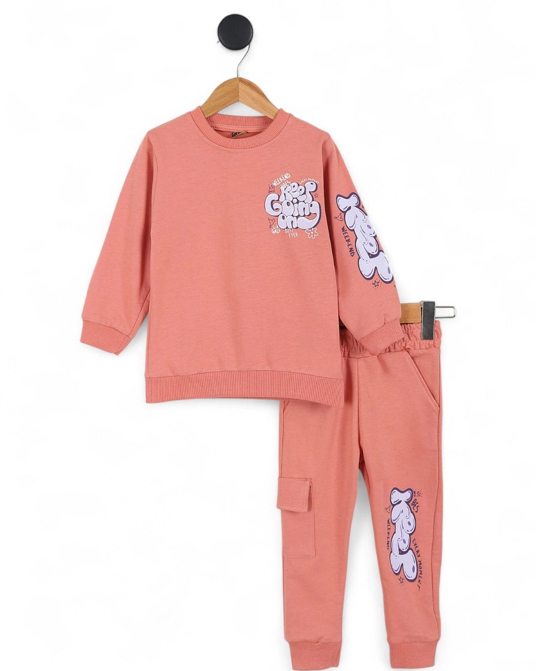 Kız Çocuk Sırtı Baskılı Sweatshirt ve Kargo Cepli Eşofman Altlı 6-7-8-9-10 Yaş Eşofman Takımı  R2143 - TURUNCU