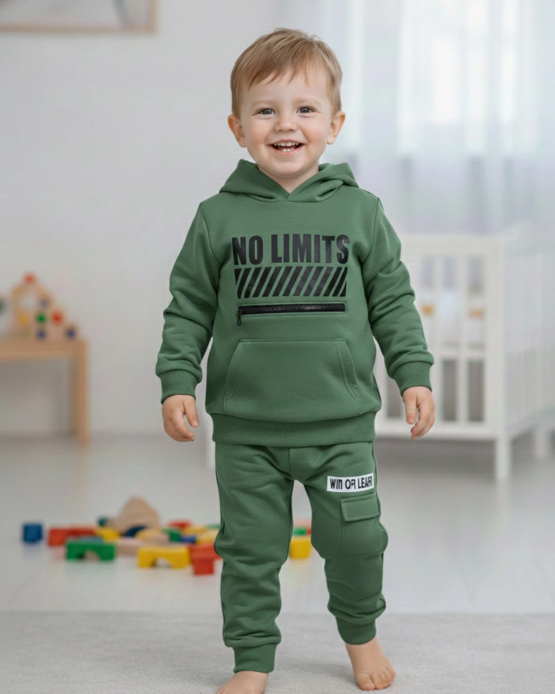 Erkek Çocuk NO LIMITS Baskılı Kışlık 3 İplik Şardonlu Kışlık Alt Üst Eşofman Takımı R2399 - HAKİ