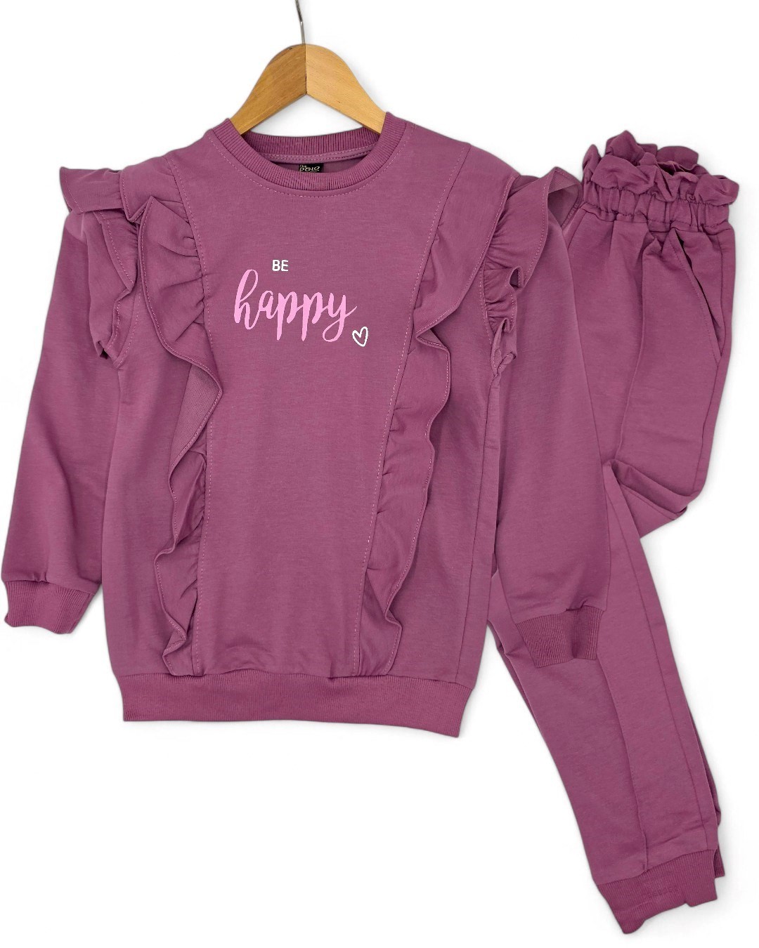 KIZ ÇOCUK BE HAPPY BASKILI 6-14 YAŞ FIRFIR DETAYLI MEVSİMLİK 2 İP ŞARDONSUZ EŞOFMAN TAKIMI R1252 - GÜL KURUSU