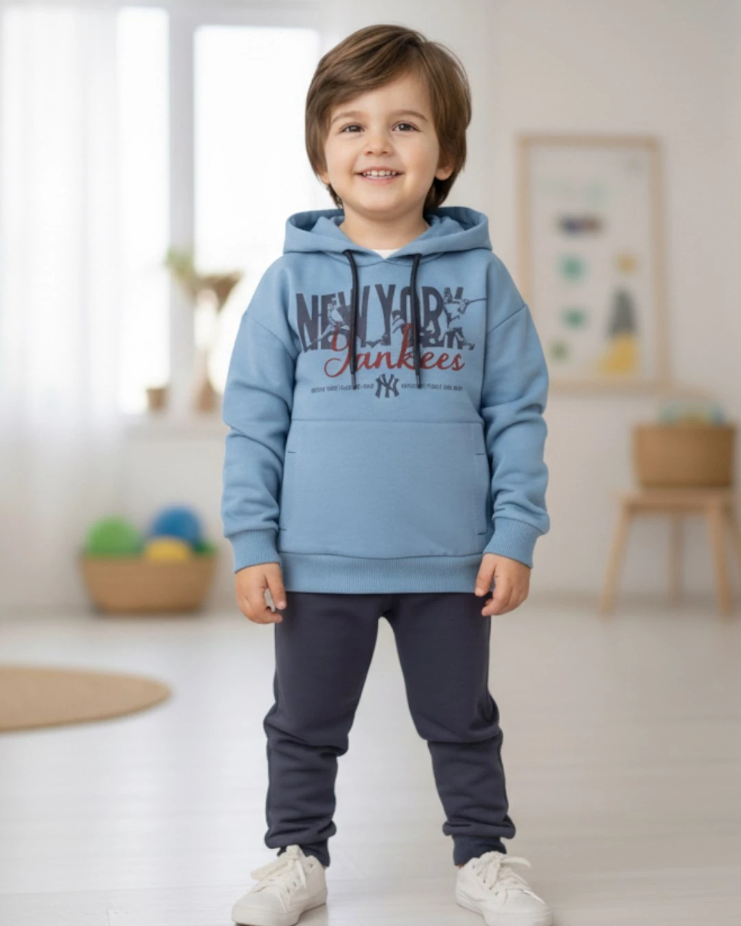 Erkek Çocuk Mevsimlik Kapüşonlu 2-3-4-5-6 Yaş 2 İplik Eşofman Takımı R2129 - MAVİ