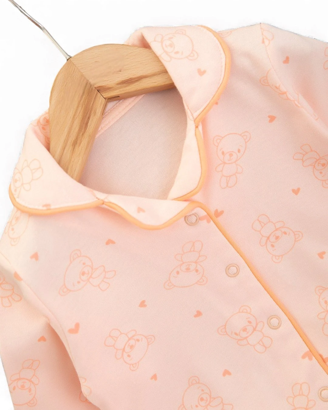 Kız Bebek Ayıcık Baskılı Kruvaze Yakalı %100 Pamuklu Lüx Gecelik Alt Üst 2'li Takım R2378